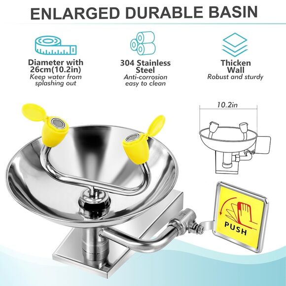 304 Stainless Steel Eye Wash Station, Wall-Mounted Emergency Eye Washer Enlarged - Picture 2 of 7